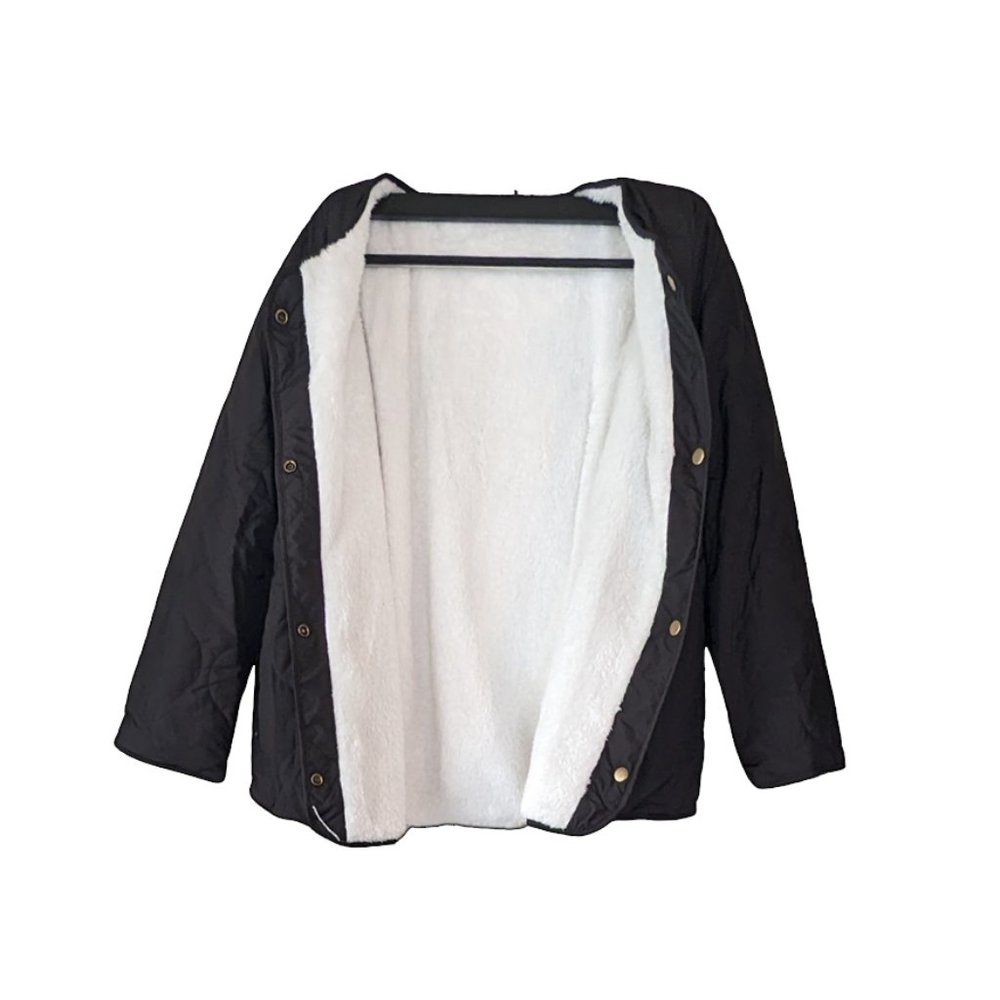 SHEWIN Black Sherpa Puffer Jacket for Women Button Down Reversible Quilted Med - Picture 3 of 8